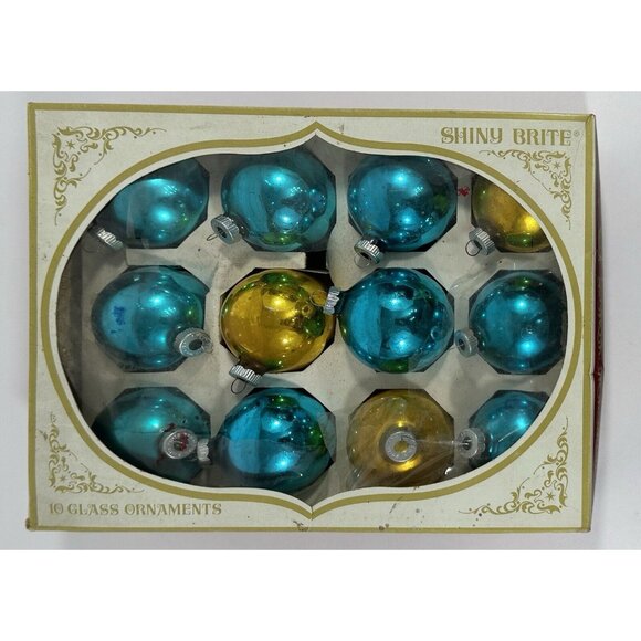 Shiny Bright Vintage Christmas Ornaments Turquoise Blue Gold Mercury Glass Retro